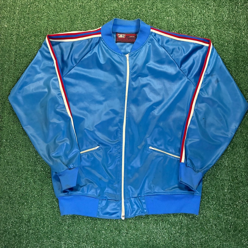 Vintage 70s Super Silks Bomber Jacket Blue Racing Stripe Sportswear